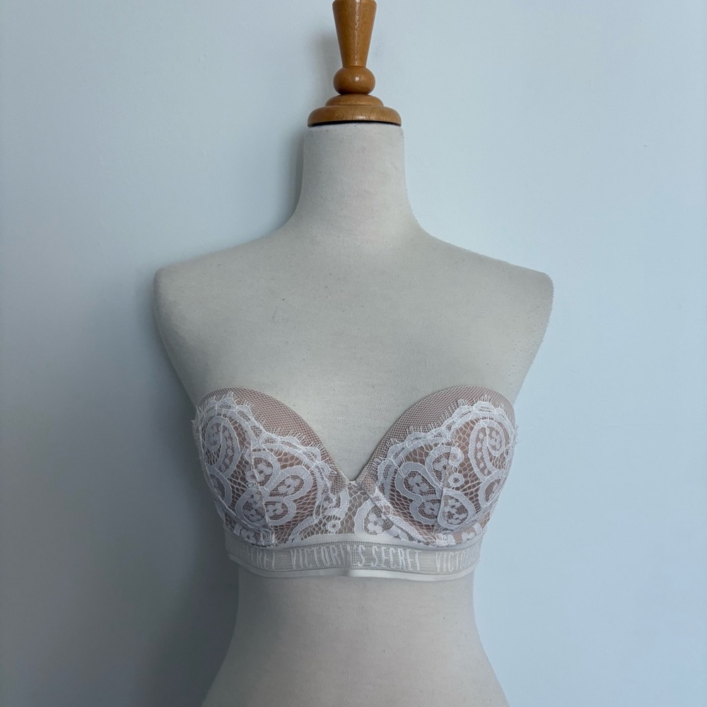 Victorias Secret Womens Bra 32B White Beige Lace Strapless Very Sexy Push Up